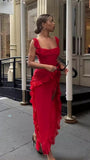 Red Chiffon Party Dresses Sexy Prom Dress Ruffle Slit HZ0307