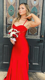 Red Halter Prom Dress Ruche Satin Mermaid Spaghetti Straps Long Formal HZ0307