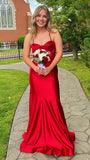 Red Halter Prom Dress Ruche Satin Mermaid Spaghetti Straps Long Formal HZ0307