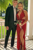 Red Halter Sequin Long Evening Prom HZ0307