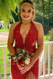 Red Halter Sequin Long Evening Prom HZ0307