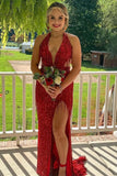 Red Halter Sequin Long Evening Prom HZ0307