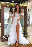 White Lace Prom Dress, Off The Shoulder Party Dress, Ruffle Formal HZ0307