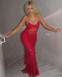 Red Lace Sheath Spaghetti Straps Long Prom HZ0307