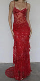 Red Lace Sheath Spaghetti Straps Long Prom HZ0307