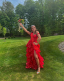 Red Prom Dress, Lace Evening Dress, Off The Shoulder Graduation Dress, Ruffle Party HZ0307
