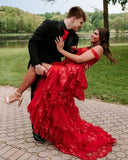 Red Prom Dress, Lace Evening Dress, Off The Shoulder Graduation Dress, Ruffle Party HZ0307