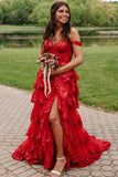 Red Prom Dress, Lace Evening Dress, Off The Shoulder Graduation Dress, Ruffle Party HZ0307
