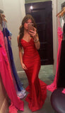 Red V-Neck Mermaid Long Prom Dresses, HZ0307