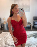 Red Lace Bodycon Homecoming Dresses Tight 2024 School Party Dress, HZ0307