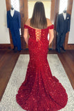 Red Sequin Mermaid Off the Shoulder Long Formal HZ0307