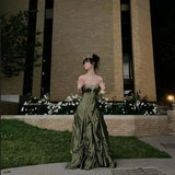 Retro Ball Gown Strapless Green Ruffles Satin Long Party Dress Prom Dresses, HZ0307