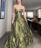 Retro Ball Gown Strapless Green Ruffles Satin Long Party Dress Prom Dresses, HZ0307