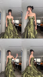 Retro Ball Gown Strapless Green Ruffles Satin Long Party Dress Prom Dresses, HZ0307