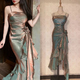 Retro Mermaid Spaghetti Straps Satin Long Party Dress Prom Dresses, HZ0307