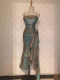 Retro Mermaid Spaghetti Straps Satin Long Party Dress Prom Dresses, HZ0307