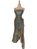 Retro Mermaid Spaghetti Straps Satin Long Party Dress Prom Dresses, HZ0307