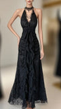Retro Style Party Dresses Halter 2000's Lace Black Prom Dress Full Length Formal HZ0307