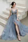 Rhinestons Blue A-line Tulle Formal HZ0307