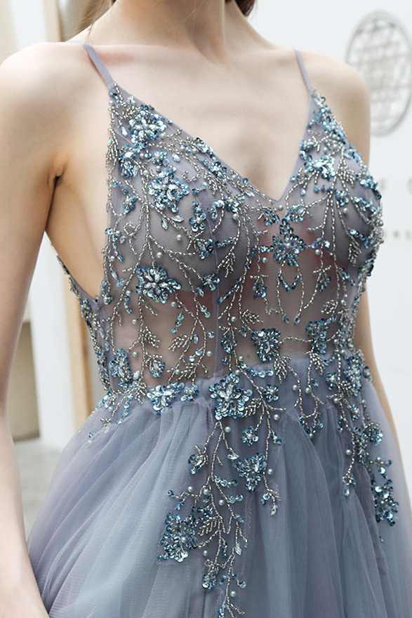 Rhinestons Blue A-line Tulle Formal HZ0307