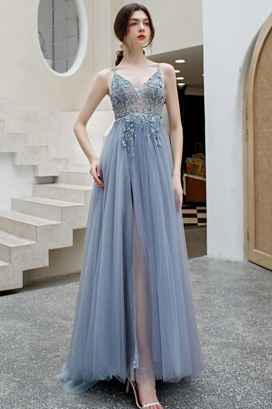 Rhinestons Blue A-line Tulle Formal HZ0307
