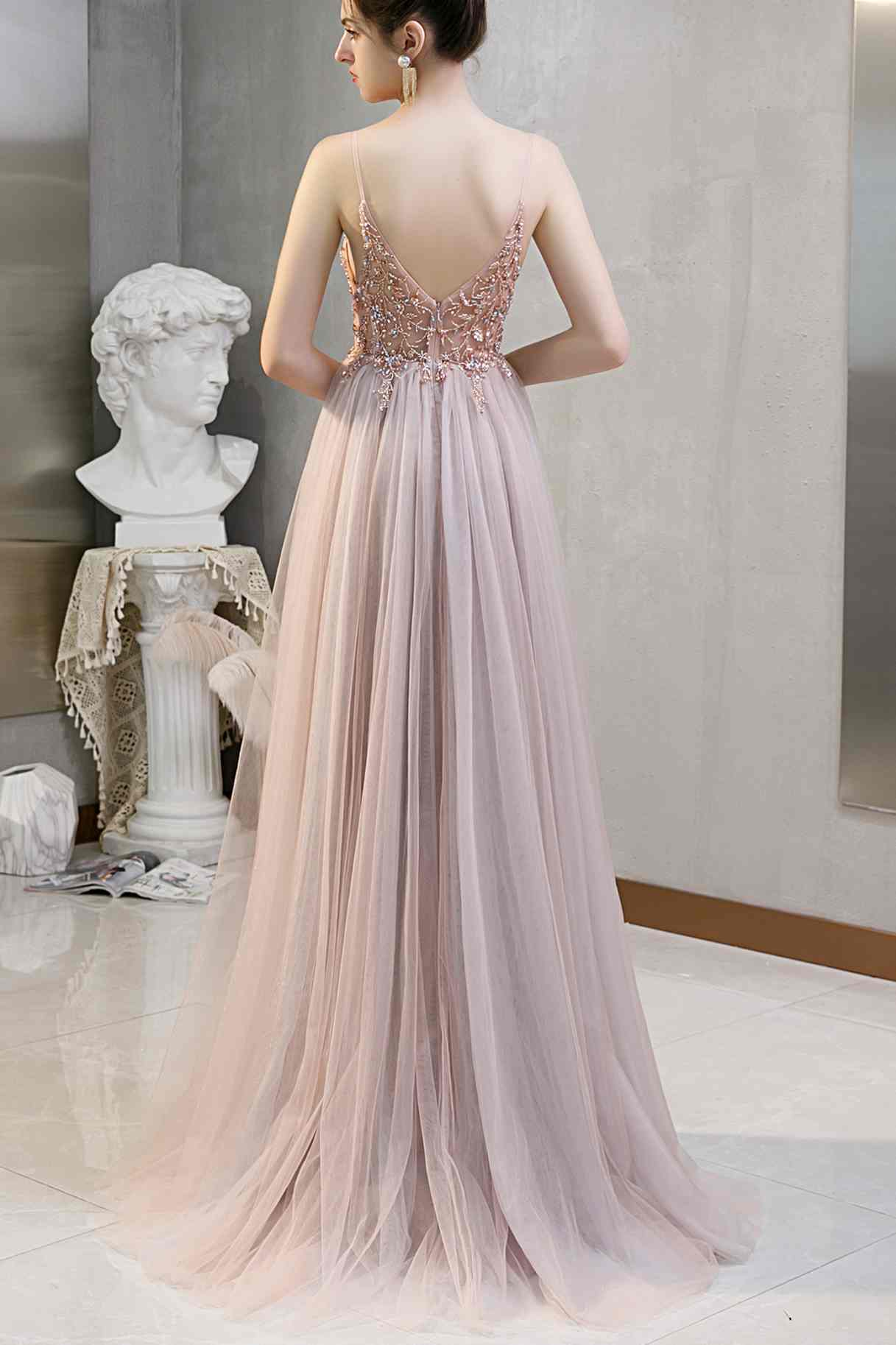 Rhinestons Blue A-line Tulle Formal HZ0307