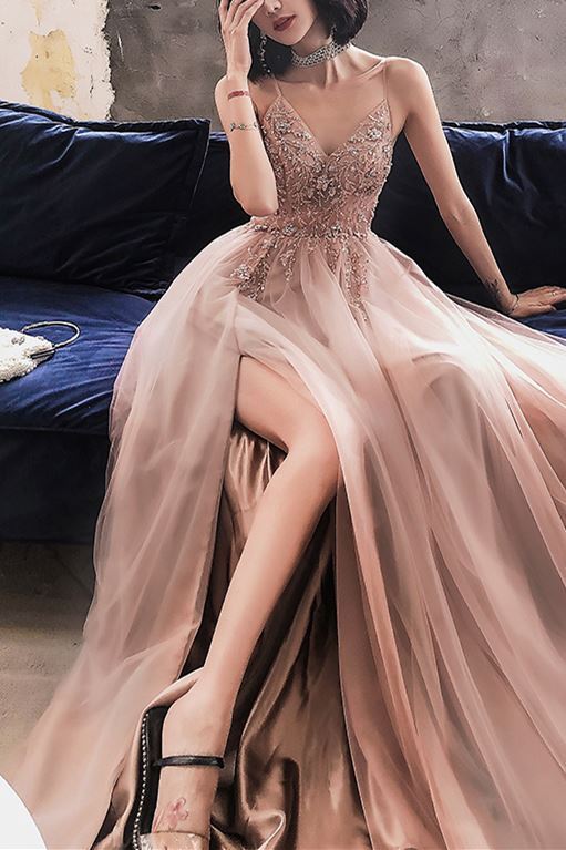 Rhinestons Rose Gold A-line Long Prom HZ0307