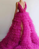LTP1746,Hot Pink Tulle Layers Prom Dress, V-Neck A Line Evening Dress, Long School Dance HZ0307