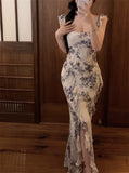 Fast Delivery Romantic Floral Chiffon Ruffle Prom Dress Long Mermaid Causal Beach Holiday Dress, HZ0307