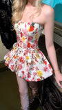 Romantic Floral Homecoming Dresses Strapless Mini Prom Graduation HZ0307