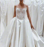 Romantic White Lace Satin Bridal Dress Strapless Wedding Gown With HZ0307