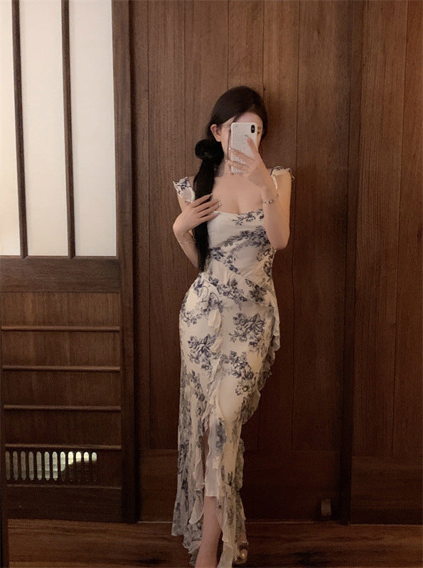 Fast Delivery Romantic Floral Chiffon Ruffle Prom Dress Long Mermaid Causal Beach Holiday Dress, HZ0307
