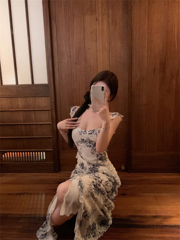 Fast Delivery Romantic Floral Chiffon Ruffle Prom Dress Long Mermaid Causal Beach Holiday Dress, HZ0307
