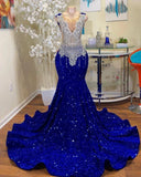 Royal Blue Sequin Mermaid Prom Dresses Beaded Sleeveless Party Dress For Black HZ0307