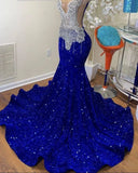 Royal Blue Sequin Mermaid Prom Dresses Beaded Sleeveless Party Dress For Black HZ0307