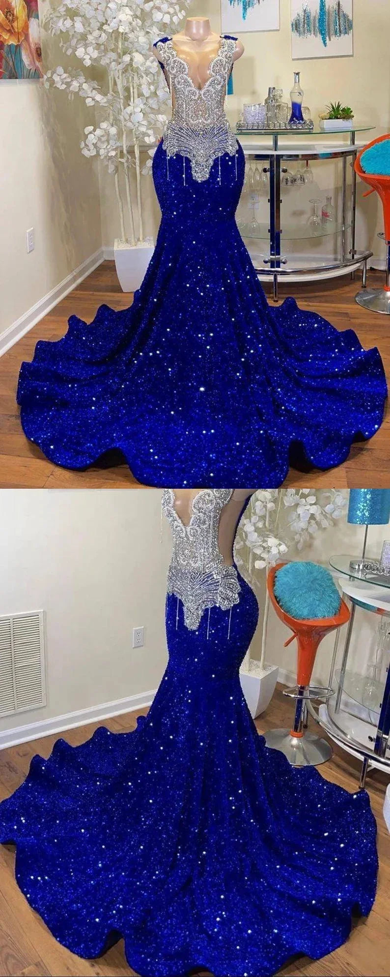 Royal Blue Sequin Mermaid Prom Dresses Beaded Sleeveless Party Dress For Black HZ0307