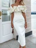 Puffy Cloud Off The Shoulder Tea Length Tight Elegant White Party Dresses Summer Homecoming Dresses After Party Wedding HZ0307