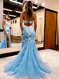 Sky Blue Mermaid White Appliques Long Evening HZ0307