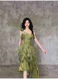 Pretty Irregular Ruffled Spaghetti Straps Green Prom Dresses With Detachable Rose Long Birthday Dress For Women, HZ0307