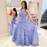 One Shoulder Lace Ruffles Tulle Prom HZ0307