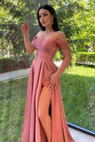 LTP1167,Off The Shoulder Pink Pleated Satin Long Prom Dress,High Split Sexy Prom HZ0307