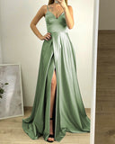 LTP0911,Adorable sage green prom dress satin v-neck long evening formal gown with side HZ0307