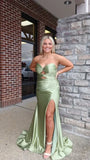 Sage Green Satin Mermaid Prom Dress with Twist Sweetheart Bodice, Cutout Waist & High Slit HZ0307
