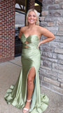 Sage Green Satin Mermaid Prom Dress with Twist Sweetheart Bodice, Cutout Waist & High Slit HZ0307