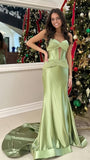 Sage Green Sweetheart Long Prom Dresses Satin Evening Party HZ0307