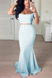 LTP1339,Two Pieces Mermaid Satin Long Prom Dresses Light Blue Evening Formal HZ0307