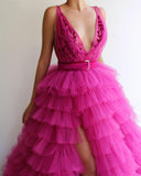 LTP1746,Hot Pink Tulle Layers Prom Dress, V-Neck A Line Evening Dress, Long School Dance HZ0307