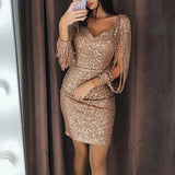 LTP1797,Tassel Long Sleeve Sexy Women Sequin Dress V Neck Party Night Mini Dress For Women Vintage Short Black Gold Silver Summer Homecoming HZ0307