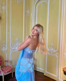 Sexy A Line Off The Shoulder Maxi Long Party Light Blue Chiffon Prom Dresses Evening Dress, HZ0307