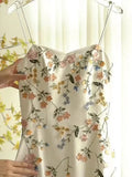 Sexy A line Spaghetti Straps Ivory Floral Satin Prom Dresses Birthday Outfits Evening Gown, HZ0307
